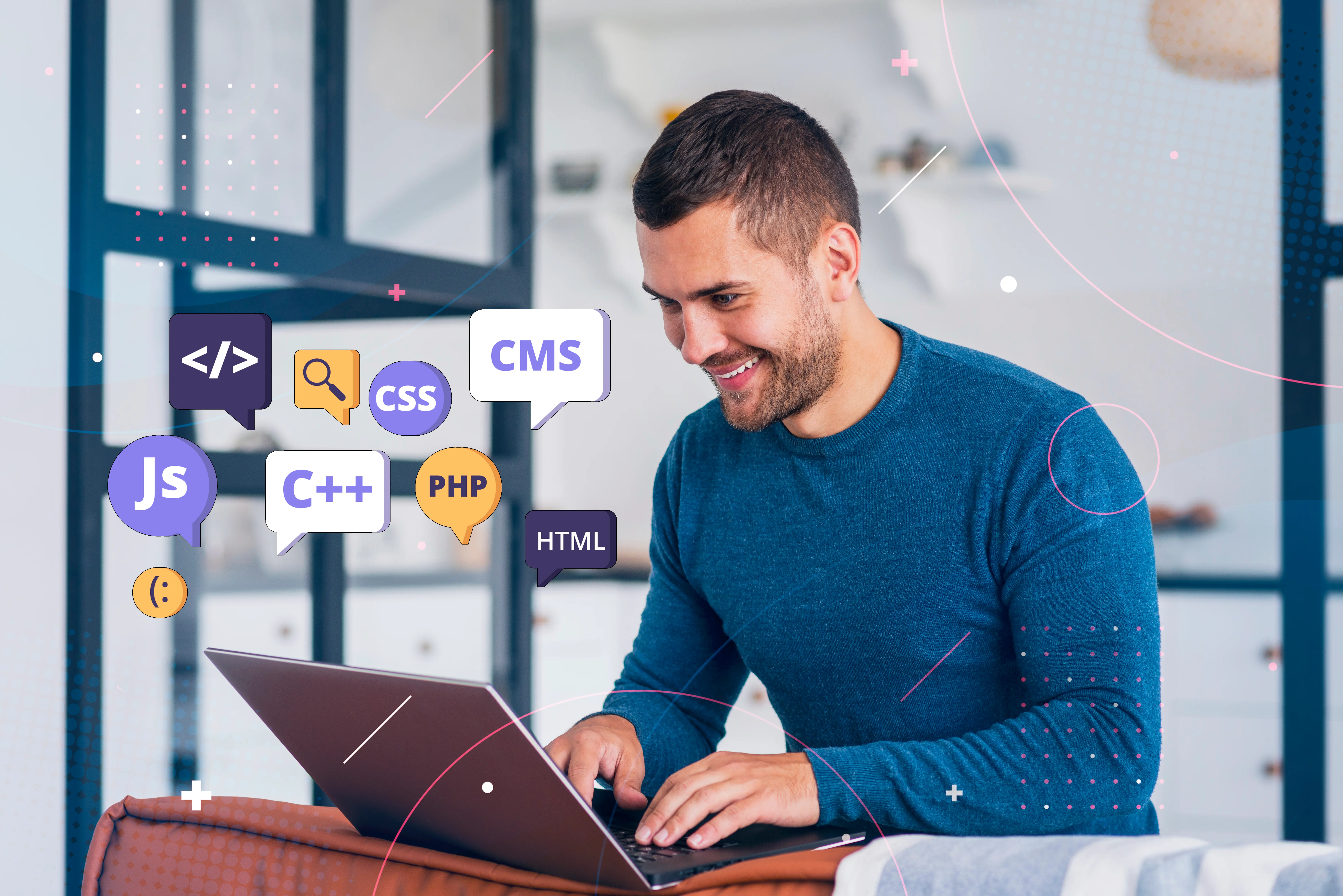 A smiling web designer working on a laptop surrounded by design elements.
